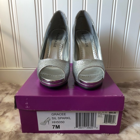 FITS Like a 7.5 Rampage Silver Sparkle Peep Toe High Heels - Picture 2 of 10